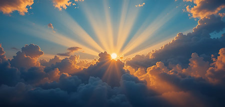 Sunset sky with clouds and rays of light. 3d illustrationの写真素材