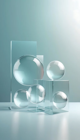 3d render, abstract background, transparent glass cubes and glass balls, modern designの写真素材