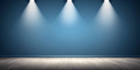 Empty room with blue wall and spotlights. 3D rendering.の写真素材