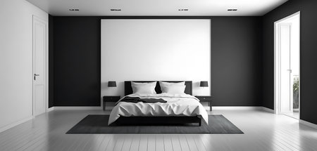 Interior of modern bedroom with black and white walls, wooden floor and comfortable king size bed. 3d renderingの写真素材