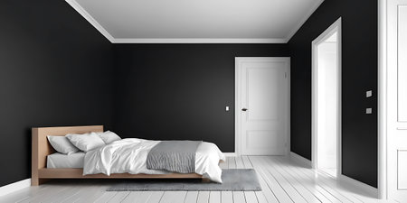 Black bedroom interior with wooden bed and door - 3D Renderingの写真素材