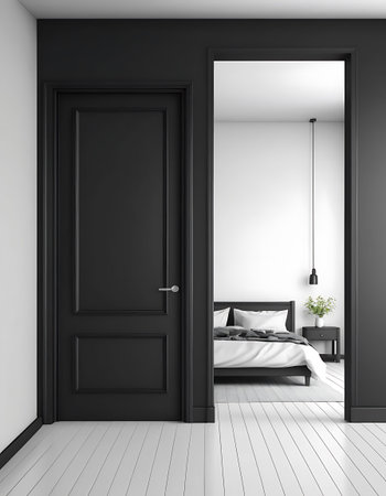 Black bedroom interior with a wooden floor, a double bed and a lamp. 3d rendering mock up