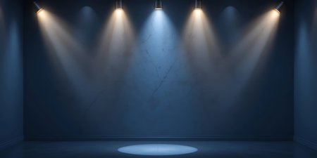 Blue concrete wall with spotlights, 3d render illustration mockup