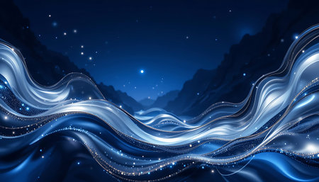 Abstract blue background with wavy lines and stars. Vector illustration.