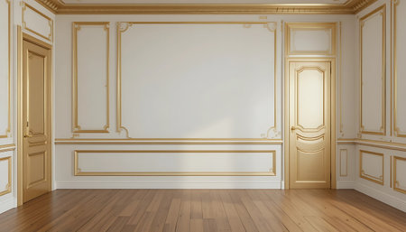 Classic interior with golden walls, wooden floor and moldings. 3d renderの写真素材