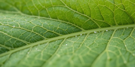 Close up of a green leaf with water droplets in the morning