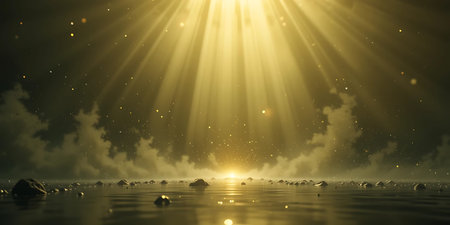 3D illustration of a sunset over the sea with sun rays and clouds