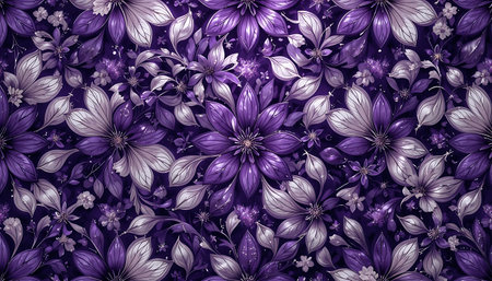 Seamless floral pattern with violet flowers on a dark background.の写真素材