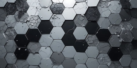 Abstract 3d rendering of chaotic hexagons. Futuristic background design.