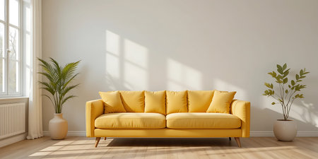 yellow couch in modern living room with window - 3d rendering illustration