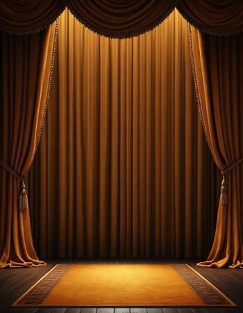 Golden stage curtain with spotlights and carpet. 3d render illustrationの写真素材