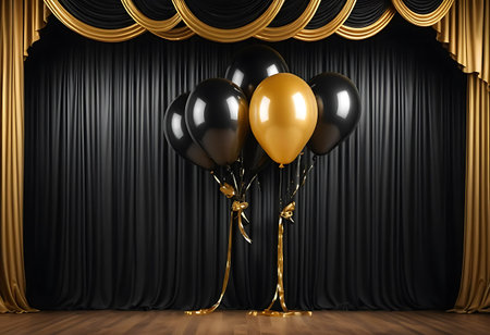 Golden and black balloons on stage with curtains. 3d render illustrationの写真素材