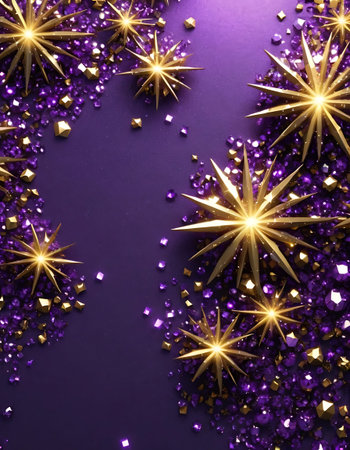 Purple Christmas background with golden stars and confetti. Top view.