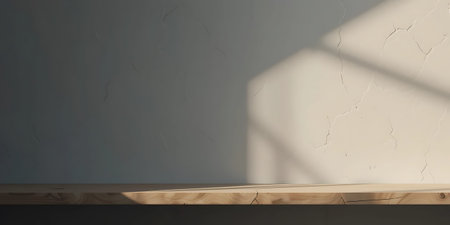 Wooden shelf on white wall background with shadow. 3d rendering