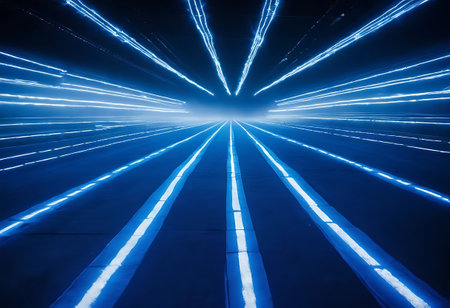 abstract image of a road in the tunnel with blue lights.の写真素材
