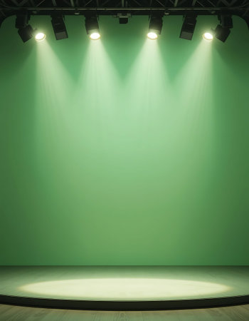 Spotlights on a green wall with a wooden floor and a stage