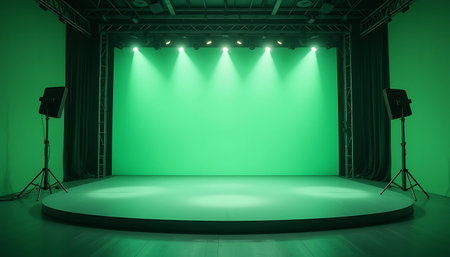 Spotlights on the stage. 3d render. Green background.の写真素材
