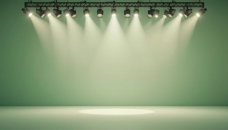 Spotlights on green wall background. 3D render. Mock upの写真素材