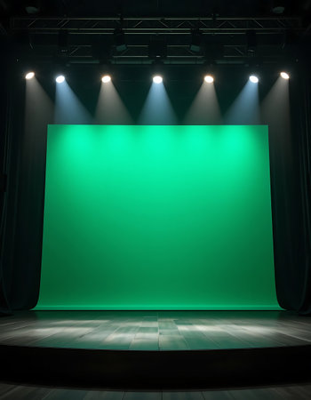 stage with lighting, spotlights and a large green screen in the studioの写真素材