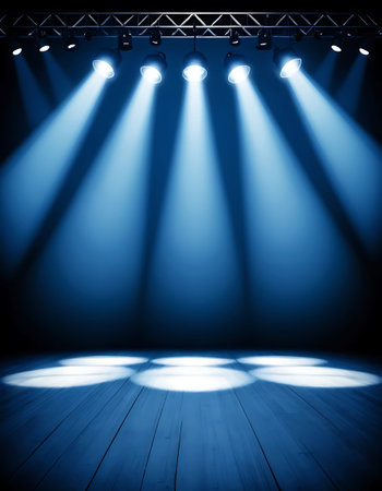 Stage Spotlight with Wooden Floor and Spotlights, Stage Spotlight Background.の写真素材