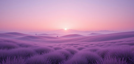 Lavender field at sunset. 3d render of lavender field at sunsetの写真素材