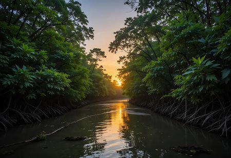 Mangrove forest at sunset in Chanthaburi, Thailand