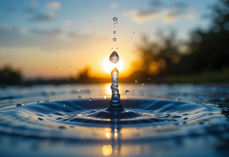 Falling drops of water. Splash effect after collision a falling drops with water Surfaceの写真素材