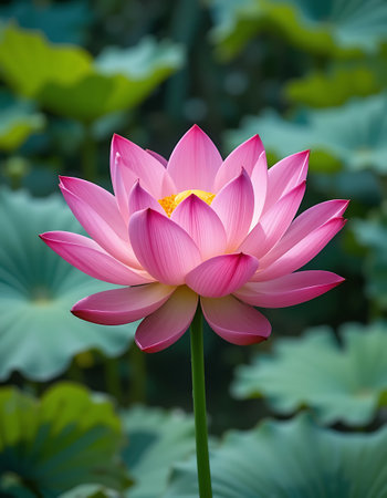 Pink lotus flower blooming in the pond with green leaf backgroundの写真素材