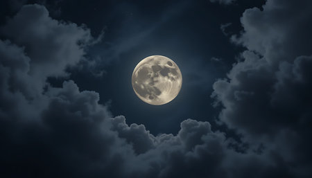 Super full moon in the night sky with clouds 3D illustration.