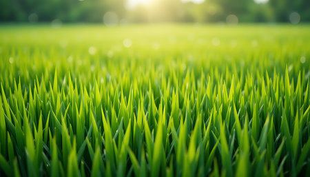 Close up of green rice field in morning with sun light. Natural background.の写真素材