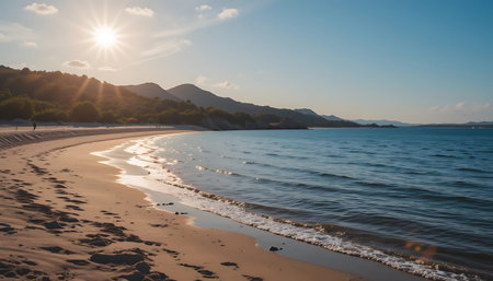 Sunset on the beach with a view of the mountains and the sea