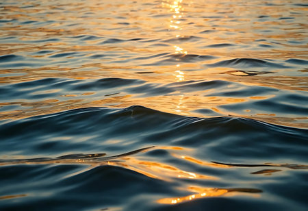 sunset on the sea, close up of water surface with ripplesの写真素材