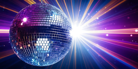 Disco ball with light rays and bokeh effect. Disco background