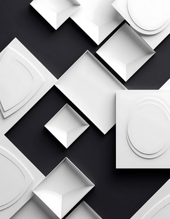 3d illustration of white geometric shapes on black background with copy spaceの写真素材