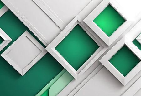 Abstract 3d rendering of white and green geometric shapes. Creative background with glossy cubes.