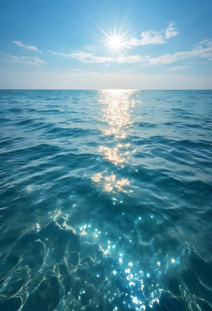 Blue sea and blue sky with sun reflection. Beautiful seascapeの写真素材