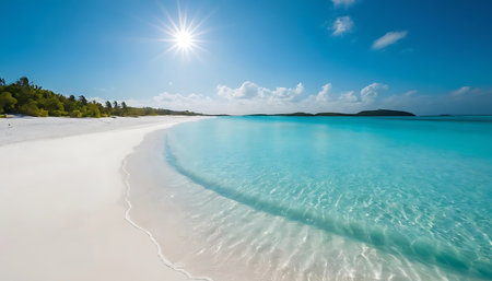 Beautiful white sand beach with turquoise water and blue skyの写真素材