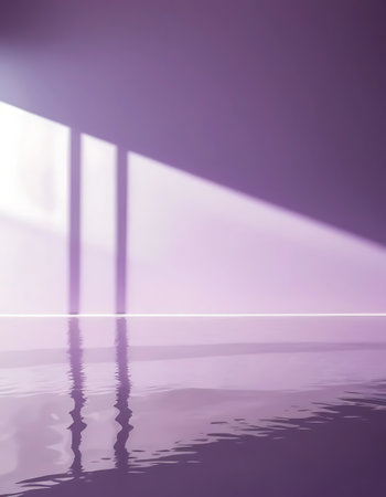 Reflection in the water of a room with purple walls and a floorの写真素材