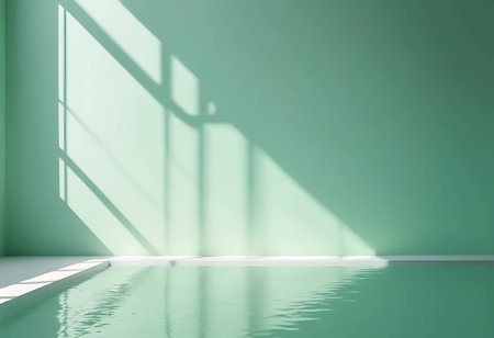 Empty room with green wall and sunlight, 3d rendering.の写真素材