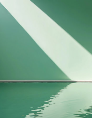 Empty room with green wall and reflection in water. 3d renderingの写真素材