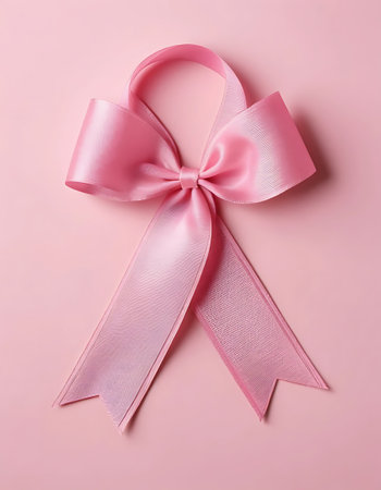 Pink ribbon on pink background, top view.の写真素材