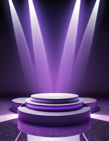 Podium illuminated with spotlight. Award ceremony concept. Stage backdrop. 3d renderの写真素材