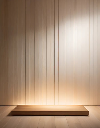 Wooden podium on wooden background. 3D rendering. Empty space.の写真素材