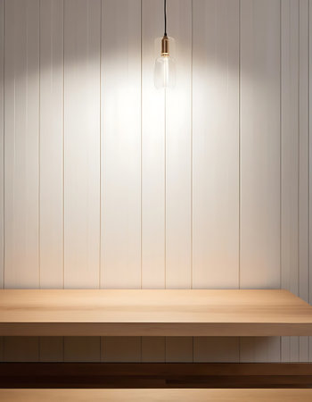 Wooden table and lamp on a wooden wall. 3d renderingの写真素材