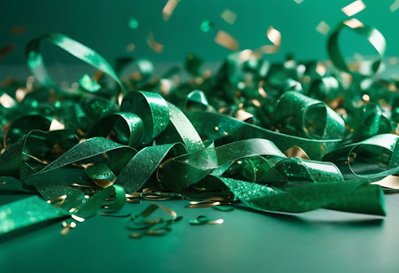 holiday background with green ribbons and confetti on a green backgroundの写真素材