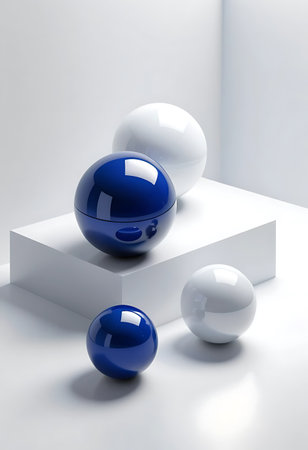 Abstract 3d rendering of white and blue balls on a white backgroundの写真素材