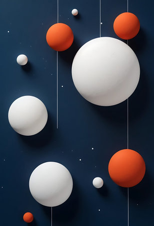 3d render of white and orange balls on dark blue background.