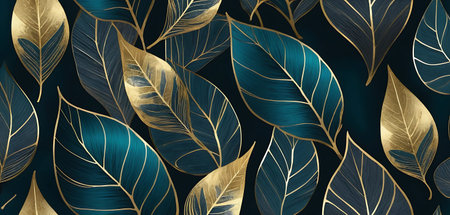 Seamless pattern with gold and blue leaves. Vector illustration.
