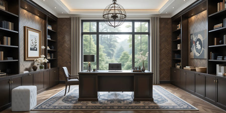 Luxury home office interior. 3d render illustration design.
