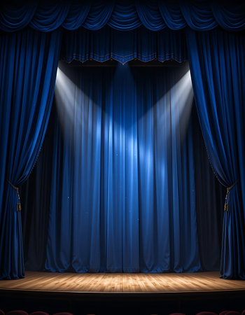 Movie or theater stage with blue curtains and spotlights. 3d renderの写真素材